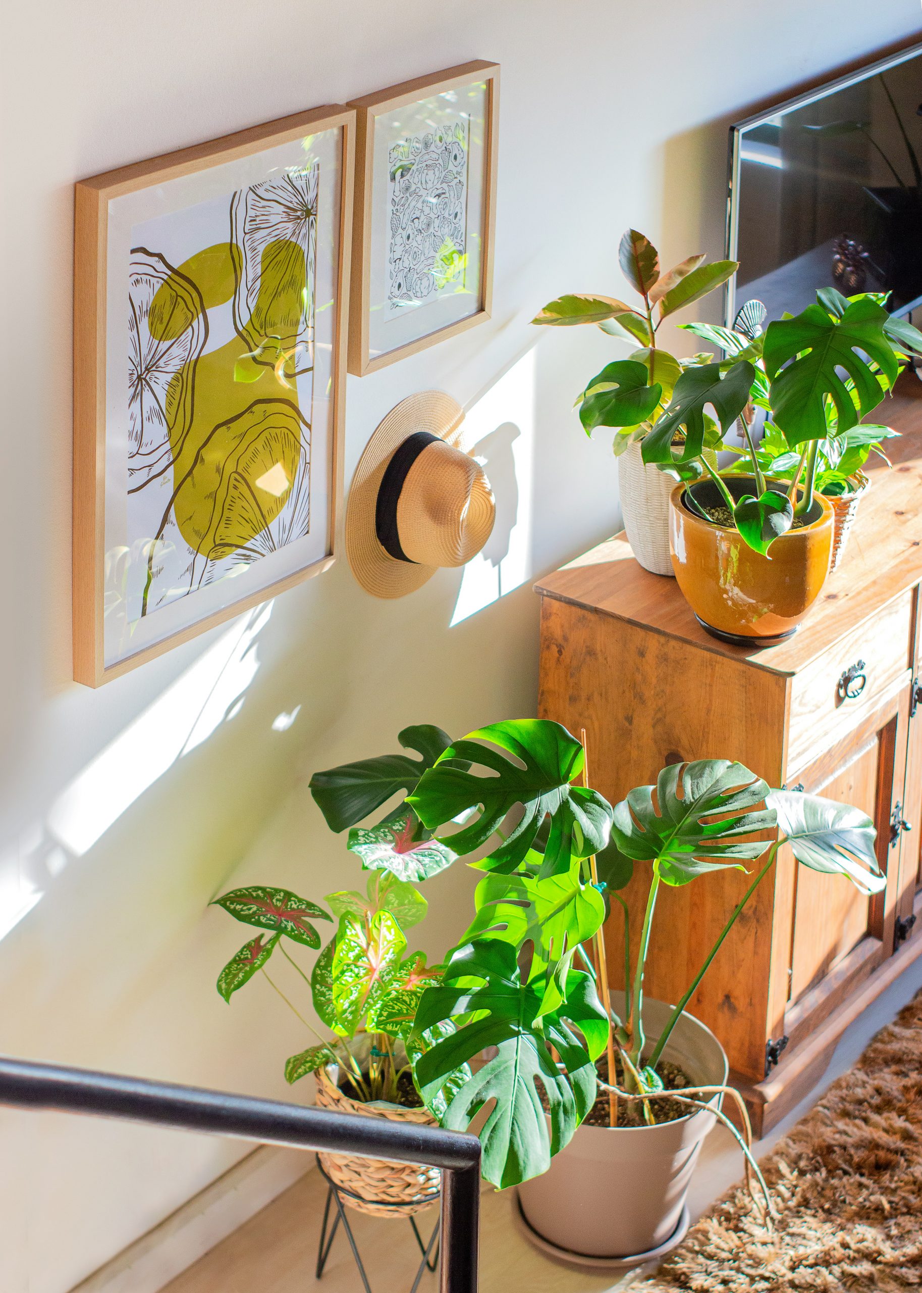 Cozy interior with green plants wall art and natural lighting