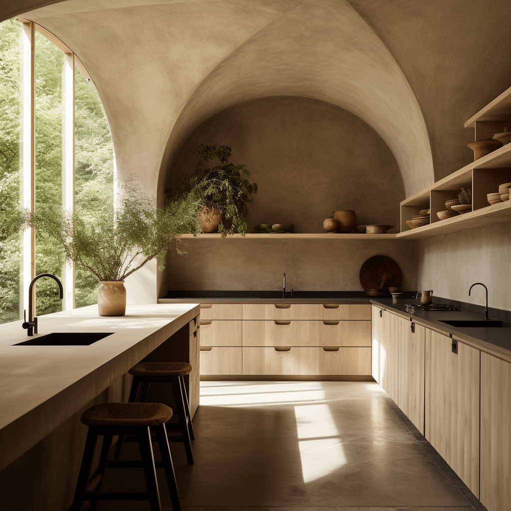 kitchen neutral tones arches minimal design