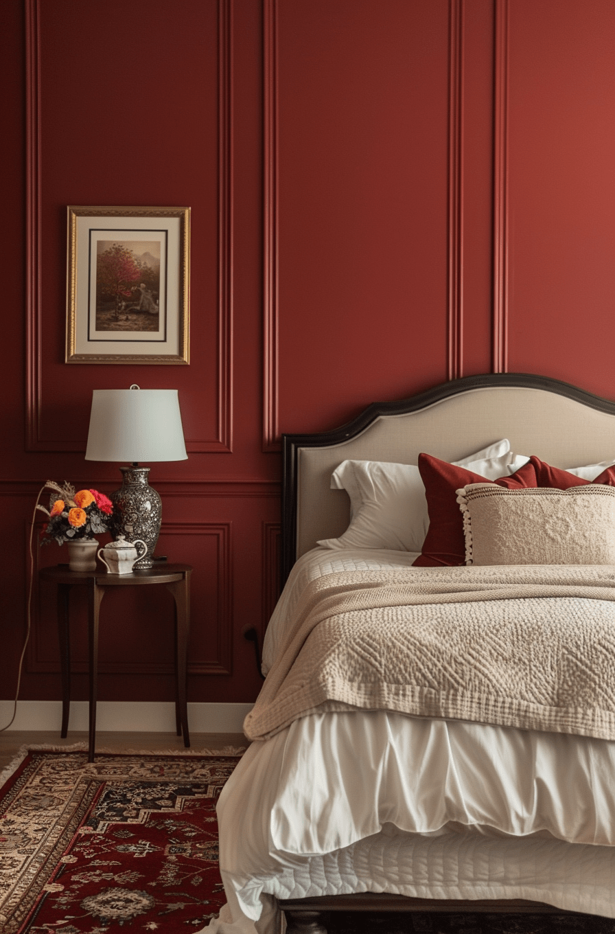 a bedroom with a penneled red wall and a classical design