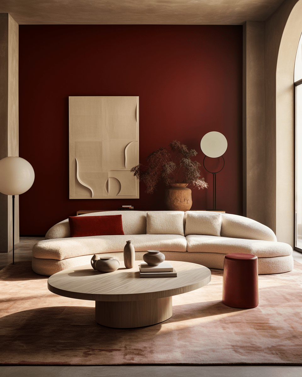 living room modern style dark red accent wall and beige sofa